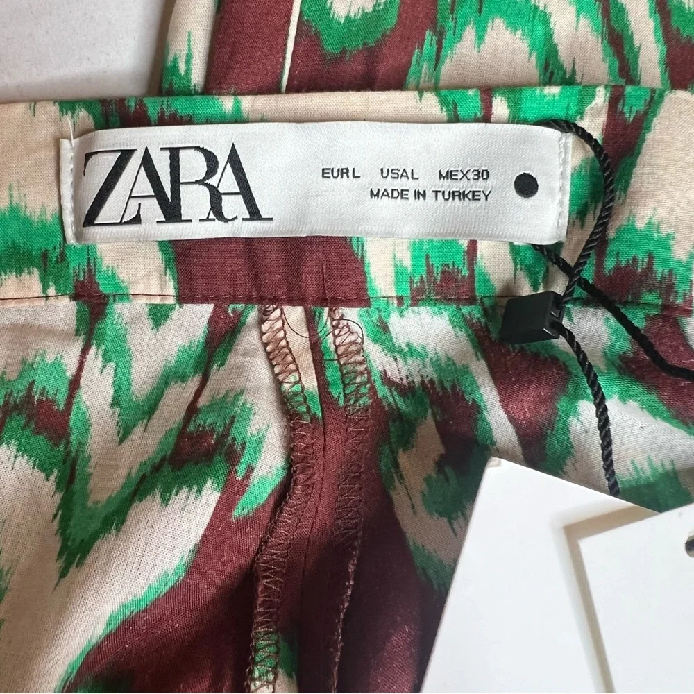 New Zara Selena Cotton Tropical Wide Flare Pant Midrise Green Brown Boho Large - Picture 7 of 10